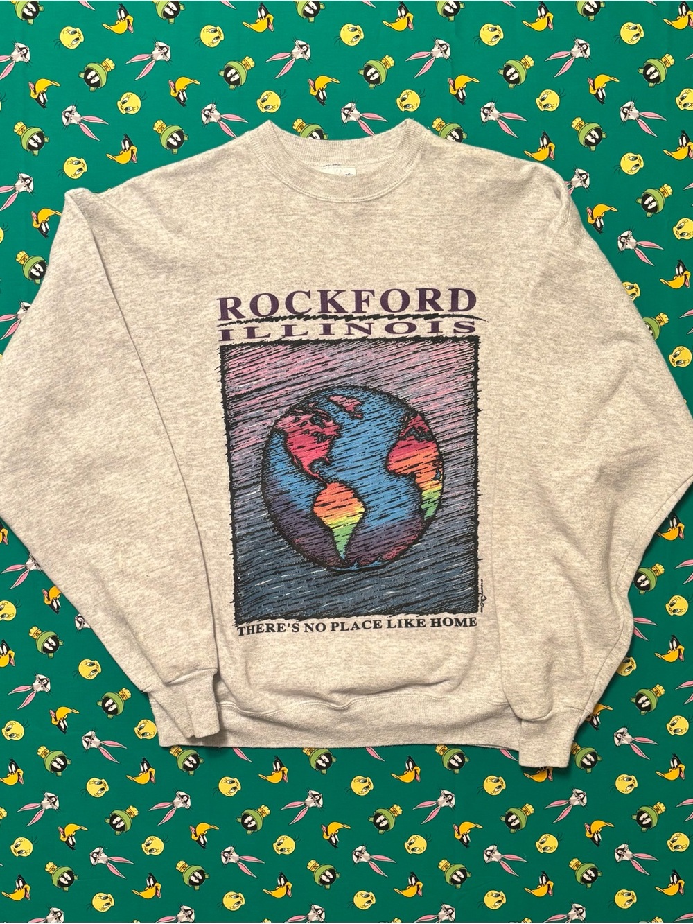 Hanes Heather Gray Crewneck Sweatshirt with Multicolor Globe Graphic